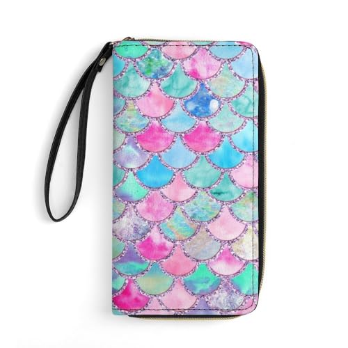 JiuPopular Ledergeldbörse, Regenbogen-Aquarell-Waage der Meerjungfrau, mit Seil, kleine Größe und großes Fassungsvermögen, einfach zu tragen von JiuPopular