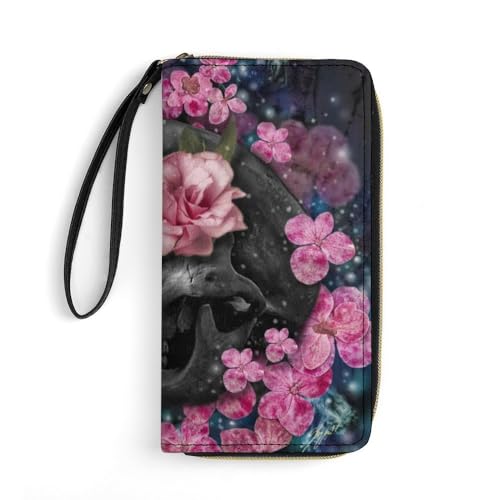 JiuPopular Ledergeldbörse, Totenkopf-Blume, mit Seil, kleine Größe und großes Fassungsvermögen, leicht zu tragen von JiuPopular