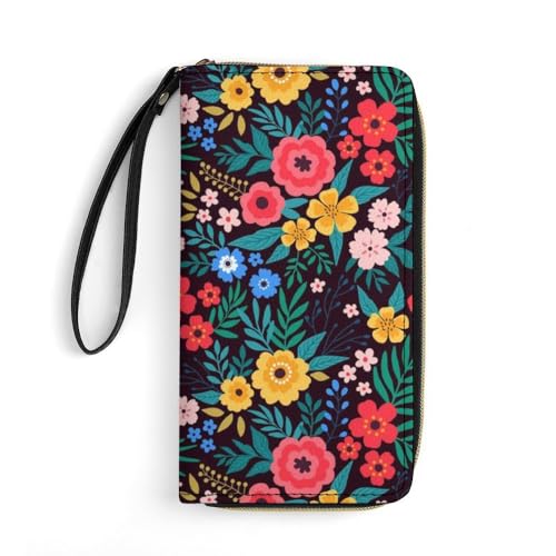 JiuPopular Ledergeldbörse, buntes Blumenmuster, mit Seil, kleine Größe und großes Fassungsvermögen, einfach zu tragen von JiuPopular