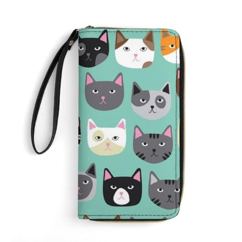 JiuPopular Ledergeldbörse, niedliche Katzengesichter, mit Seil, kleine Größe und großes Fassungsvermögen, leicht zu tragen von JiuPopular