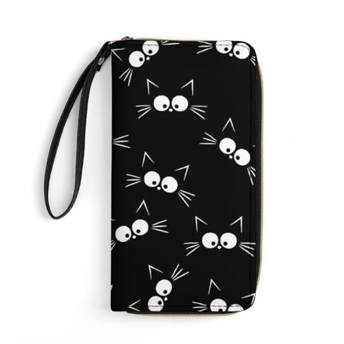 JiuPopular Ledergeldbörse, niedliches schwarzes Katzenmuster, mit Seil, kleine Größe und großes Fassungsvermögen, leicht zu tragen von JiuPopular