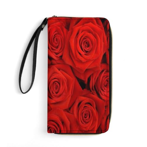 JiuPopular Ledergeldbörse, rote Rose, mit Seil, kleine Größe und großes Fassungsvermögen, leicht zu tragen von JiuPopular