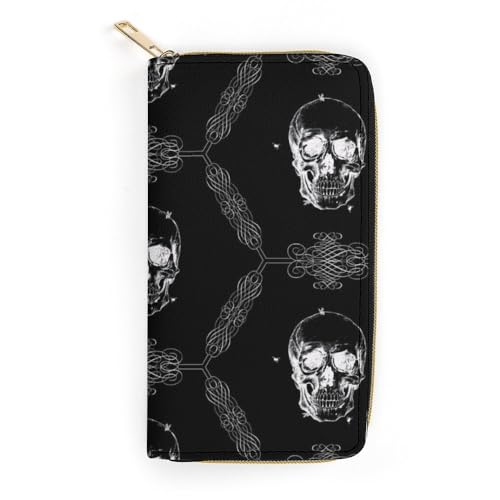 JiuPopular Ledergeldbörse, schwarzer gruseliger Totenkopf, kleine Größe und großes Fassungsvermögen, leicht zu tragen, Stil:, 19.7x10.5cm, Modern von JiuPopular