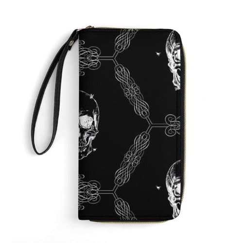 JiuPopular Ledergeldbörse, schwarzer gruseliger Totenkopf, mit Seil, kleine Größe und großes Fassungsvermögen, leicht zu tragen von JiuPopular