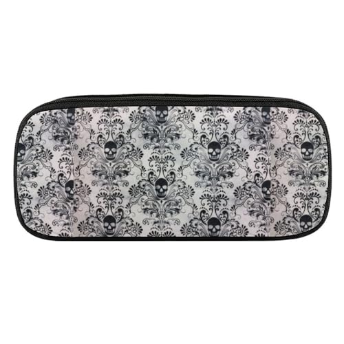 JiuPopular PU-Federmäppchen, Gothic-Totenkopf-Damast, gruselige Halloween-Schreibwaren-Tasche als Federmäppchen für Büro und Schule, Geschäftsreisetasche oder kleine Werkzeugbox, Make-up-Tasche von JiuPopular