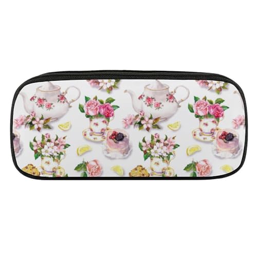 JiuPopular PU-Federmäppchen, Kuchen- und Teekannen-FloralSchreibwaren-Tasche als Federmäppchen für Büro und Schule, Geschäftsreisetasche oder kleine Werkzeugbox, Make-up-Tasche von JiuPopular