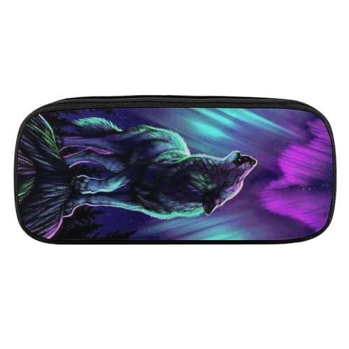 JiuPopular PU-Federmäppchen, Wölfe heulen im Nordlichter. Schreibwarentasche als Federmäppchen für Büro und Schule, Geschäftsreise oder kleine Werkzeugbox, Make-up-Tasche von JiuPopular