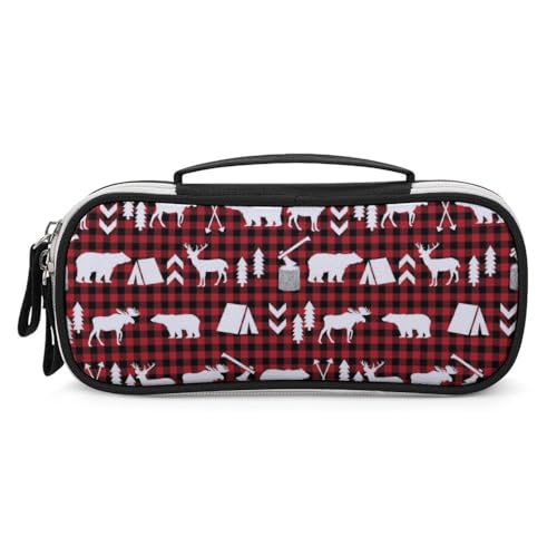 JiuPopular Tragbare Kosmetiktasche/Stiftetasche, Büffelkariert, Wald, Weihnachten, Schreibwaren-Tasche als Federmäppchen für Büro und Schule, Geschäftsreise oder kleine Werkzeugbox, Make-up-Tasche für von JiuPopular