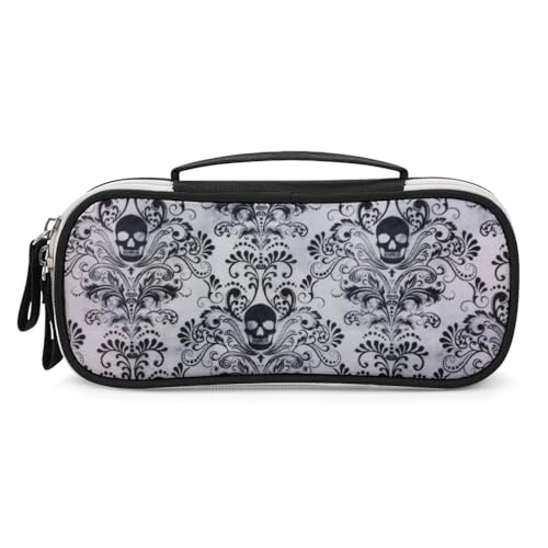 JiuPopular Tragbare Kosmetiktasche/Stiftetasche, Gothic-Totenkopf-Damast, gruselig, Halloween, Schreibwaren-Tasche als Federmäppchen für Büro und Schule, Geschäftsreise oder kleine Werkzeugbox von JiuPopular
