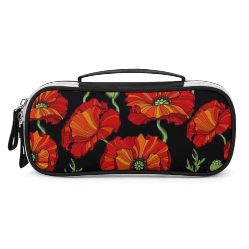 JiuPopular Tragbare Kosmetiktasche/Stiftetasche, rote Mohnblumen, Schreibwaren-Tasche als Federmäppchen für Büro und Schule, Geschäftsreise oder kleine Werkzeugbox, Make-up-Tasche für Mädchen von JiuPopular