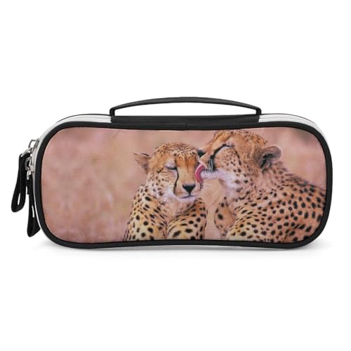 JiuPopular Tragbare Kosmetiktasche/Stifttasche, Geparden-Paar-Schreibwaren-Tasche als Federmäppchen für Büro und Schule, Geschäftsreise oder kleine Werkzeugbox, Make-up-Tasche für Mädchen von JiuPopular