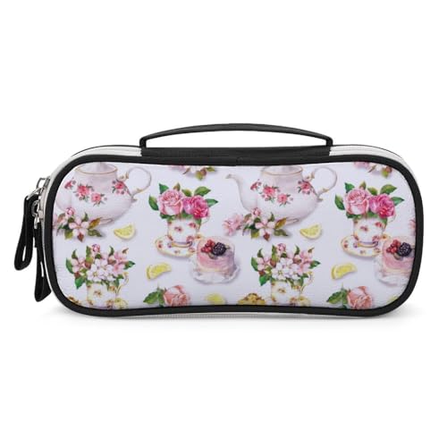 JiuPopular Tragbare Kosmetiktasche/Stifttasche, Kuchen- und Teekannen-FloralSchreibwaren-Tasche als Federmäppchen für Büro und Schule, Geschäftsreise oder kleine Werkzeugbox, Make-up-Tasche für von JiuPopular
