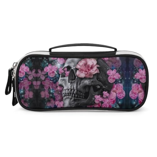 JiuPopular Tragbare Kosmetiktasche/Stifttasche, Totenkopf-Blume, Schreibwaren-Tasche als Federmäppchen für Büro und Schule, Geschäftsreise oder kleine Werkzeugbox, Make-up-Tasche für Mädchen von JiuPopular