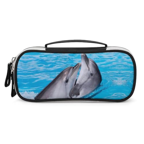 JiuPopular Tragbare Kosmetiktasche/Stifttasche, verspielte Delfine, Schreibwaren-Tasche als Federmäppchen für Büro und Schule, Geschäftsreise oder kleine Werkzeugbox, Make-up-Tasche für Mädchen von JiuPopular
