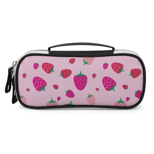 JiuPopular Tragbare Kosmetiktasche/Stifttasche aus PU, Erdbeermuster, Schreibwaren-Tasche als Federmäppchen für Büro und Schule, Geschäftsreise oder kleine Werkzeugbox, Make-up-Tasche für Mädchen von JiuPopular