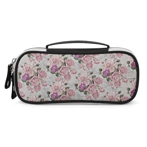 JiuPopular Tragbare Kosmetiktasche/Stifttasche aus PU, Rosenmuster, Schreibwaren-Tasche als Federmäppchen für Büro und Schule, Geschäftsreise oder kleine Werkzeugbox, Make-up-Tasche für Mädchen von JiuPopular