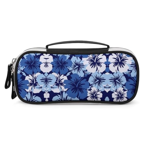 JiuPopular Tragbare Kosmetiktasche aus PU, blaue Hibiskusblume, Schreibwaren-Tasche als Federmäppchen für Büro und Schule, Geschäftsreise oder kleine Werkzeugbox, Make-up-Tasche für Mädchen von JiuPopular