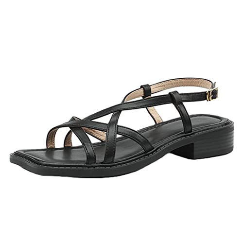 Damen Riemchensandalen Offene Spitze Flache Abendschuhe Low Heel Buckle Fashion,Schwarz,39 EU von JiuQing