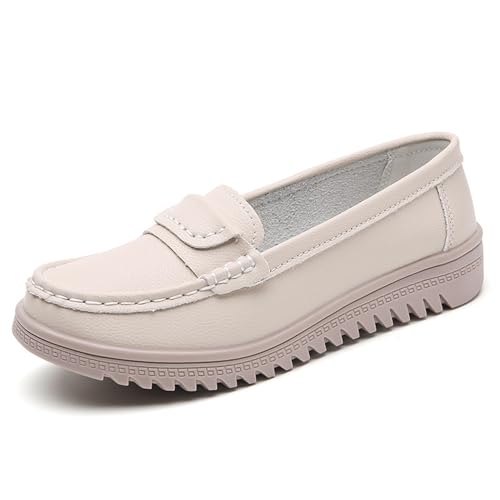 JiuQing Damen-Loafer Slip-On-Wanderschuhe Bequeme Lässige Arbeits- Und Fahrschuhe,Beige,35 EU von JiuQing