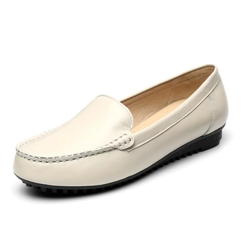 JiuQing Damen Loafers Flats Slip-On Arbeitsschuhe Bequeme Wanderschuhe Lässige Fahrschuhe,Beige,35 EU von JiuQing