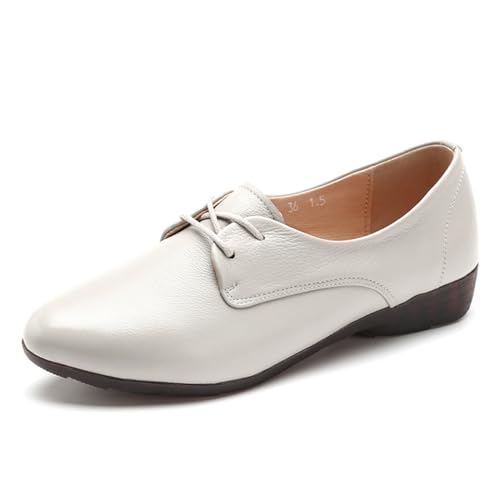 JiuQing Damen Oxford-Schuhe Flache Schnürschuhe Spitzer Zehenbereich Bequemes Gehen Arbeitsschuhe,Beige,36 EU von JiuQing