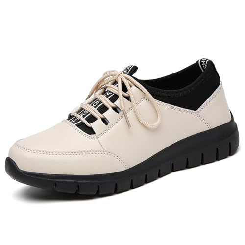 JiuQing Damen Oxford-Schuhe lässig zum Gehen Arbeitsschuhe flach rutschfest bequem,Beige,36 EU von JiuQing