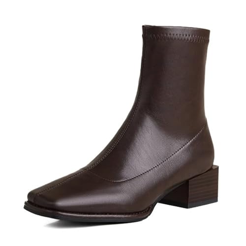 JiuQing Damen-Stiefeletten Mit Quadratischem Zehenbereich Klobige Niedrige Absätze Modischer Bootie Mit Seitlichem Reißverschluss,Braun,40 EU von JiuQing