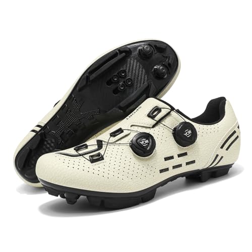JiuQing Fahrradschuhe Herren Damen Mountainbike-Schuhe Kompatibel Mit 2-Schrauben-SPD-Cleats Im Lieferumfang Enthalten Für Indoor Outdoor,Beige,45 EU von JiuQing