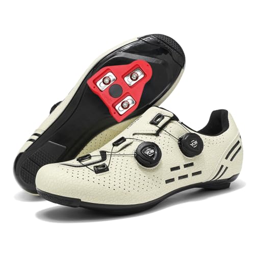 JiuQing Fahrradschuhe Unisex Kompatibel Mit Peloton Road Indoor-Bike-Schuhen Verstellbarer Verschluss Mit Delta Cleats,Beige,36 EU von JiuQing