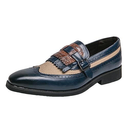 JiuQing Herren-Brogue-Loafer Formelle Business-Kleiderschuhe Modische Lederschuhe Mit Schnalle,Blau,46 EU von JiuQing
