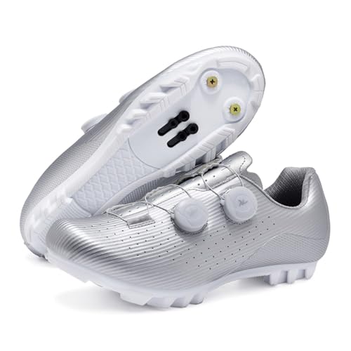 JiuQing Herren-Mountainbike-Schuhe Mit 2-Schrauben-SPD-Cleats Inklusive Kompatibler Outdoor-MTB-Fahrradschuhe,Silber,39 EU von JiuQing