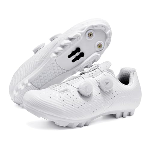 JiuQing Herren-Mountainbike-Schuhe Mit 2-Schrauben-SPD-Cleats Inklusive Kompatibler Outdoor-MTB-Fahrradschuhe,Weiß,45 EU von JiuQing