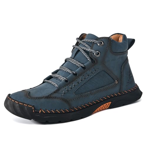 JiuQing Herren Wanderschuhe Outdoor Camping Wanderschuhe Flache Schnürstiefel Aus Leder Mit Weicher Sohle,Blau,40 EU von JiuQing