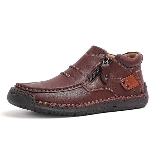 JiuQing Herren Wanderstiefel Slip-On Leder Outdoor Casual Sneakers Mit Reißverschluss Weiche Sohle,Rot,39 EU von JiuQing