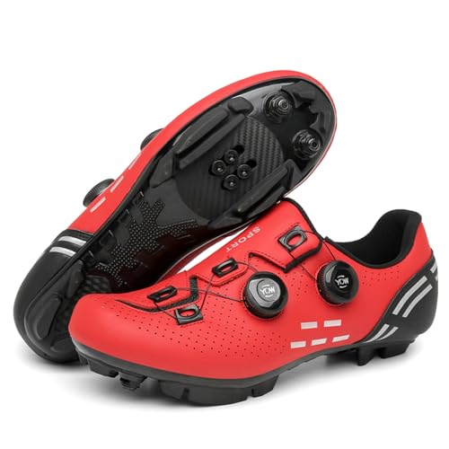 JiuQing Mountainbike-Schuhe Für Herren Damen Mit SPD-Stollen MTB-Fahrradschuhe Outdoor-Fahrradschuhe,Rot,45 EU von JiuQing
