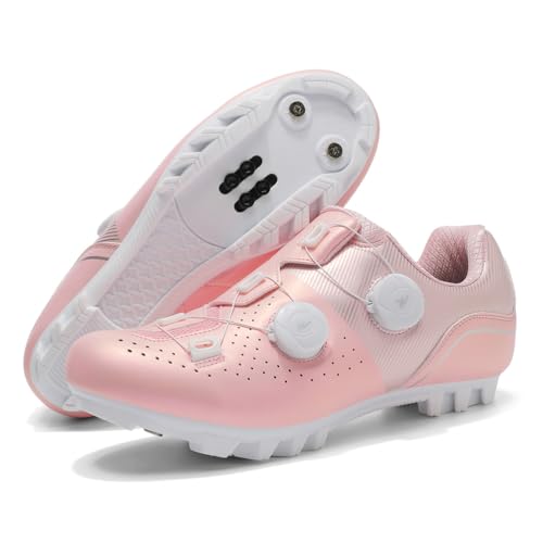 JiuQing Mountainbike-Schuhe Unisex Mit 2-Schrauben-SPD-Cleats Inklusive Für MTB-Outdoor-Radfahren Kompatibel,Rosa,42 EU von JiuQing