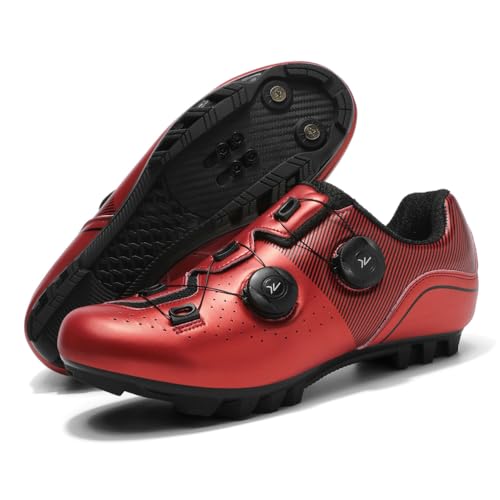 JiuQing Mountainbike-Schuhe Unisex Mit 2-Schrauben-SPD-Cleats Inklusive Für MTB-Outdoor-Radfahren Kompatibel,Rot,39 EU von JiuQing