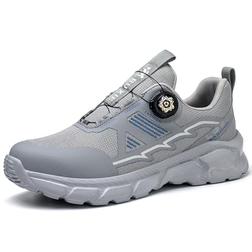 JiuQing Sicherheitsschuhe Für Herren Mit Drehknopf Und Stahlkappe Leichte Arbeits-Sneaker,Grau,43 EU von JiuQing