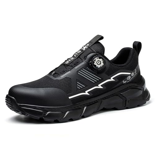 JiuQing Sicherheitsschuhe Für Herren Mit Drehknopf Und Stahlkappe Leichte Arbeits-Sneaker,Schwarz,40 EU von JiuQing