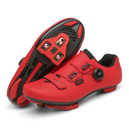 JiuQing Unisex-Fahrradschuhe Aus Leder Kompatibel Mit Peloton Indoor Outdoor-Rennradschuhen Mit Delta Cleats,Rot,45 EU von JiuQing