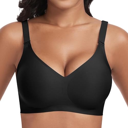 Jiuday BH Damen ohne Bügel Push Up BH Große Größen Guter Halt Bügelloser BH Seamless Bra Soft BH ohne Buegel Bequemer T Shirt V-Ausschnitt Bralette (Schwarz,M) von Jiuday