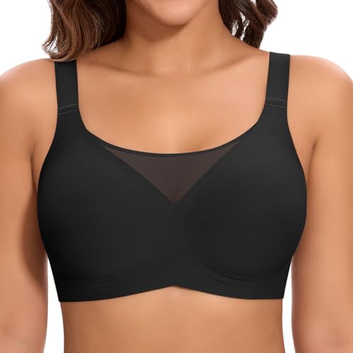 Jiuday BH Damen ohne Bügel Große Brüste Starker Halt Push Up BH ohne Buegel Seamless Bequem Klassische Soft Nahtloser Bügelloser T Shirt Bra Gepolstert Mesh Bralette (Flacher V Schwarz,XL) von Jiuday