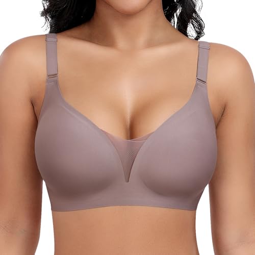 Jiuday BH Damen ohne Bügel Große Brüste Starker Halt Push Up BH ohne Buegel Seamless Bequem Klassische Soft Nahtloser Bügelloser T Shirt Bra Gepolstert Mesh Bralette (Kaffee,L) von Jiuday