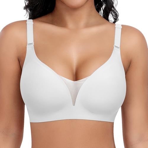 Jiuday BH Damen ohne Bügel Große Brüste Starker Halt Push Up BH ohne Buegel Seamless Bequem Klassische Soft Nahtloser Bügelloser T Shirt Bra Gepolstert Mesh Bralette (Weiß,L) von Jiuday