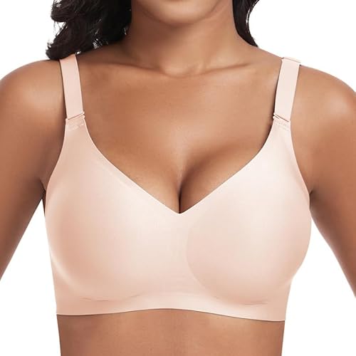 Jiuday BH Damen ohne Bügel Push Up BH Große Größen Guter Halt Bügelloser BH Seamless Bra Soft BH ohne Buegel Bequemer T Shirt V-Ausschnitt Bralette (Beige,L) von Jiuday