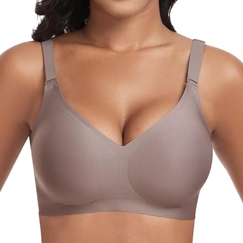 Jiuday BH Damen ohne Bügel Push Up BH Große Größen Guter Halt Bügelloser BH Seamless Bra Soft BH ohne Buegel Bequemer T Shirt V-Ausschnitt Bralette (Kaffee,3XL) von Jiuday