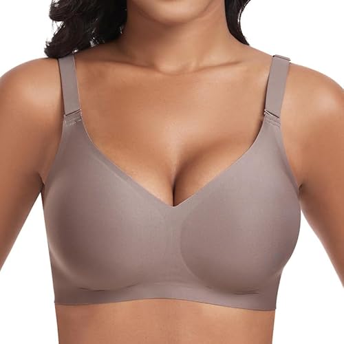 Jiuday BH Damen ohne Bügel Push Up BH Große Größen Guter Halt Bügelloser BH Seamless Bra Soft BH ohne Buegel Bequemer T Shirt V-Ausschnitt Bralette (Kaffee,M) von Jiuday