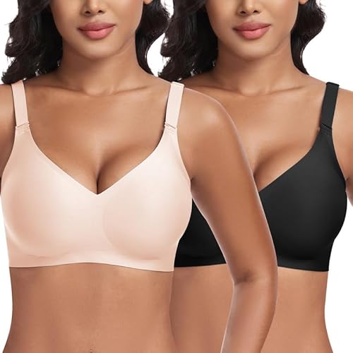 Jiuday BH Damen ohne Bügel Push Up BH Große Größen Guter Halt Bügelloser BH Seamless Bra Soft BH ohne Buegel Bequemer T Shirt V-Ausschnitt Bralette (Schwarz+Beige,3XL) von Jiuday