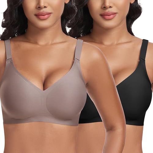 Jiuday BH Damen ohne Bügel Push Up BH Große Größen Guter Halt Bügelloser BH Seamless Bra Soft BH ohne Buegel Bequemer T Shirt V-Ausschnitt Bralette (Schwarz+Kaffee,L) von Jiuday