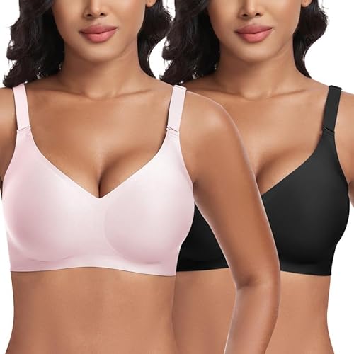 Jiuday BH Damen ohne Bügel Push Up BH Große Größen Guter Halt Bügelloser BH Seamless Bra Soft BH ohne Buegel Bequemer T Shirt V-Ausschnitt Bralette (Schwarz+Rosa,L) von Jiuday